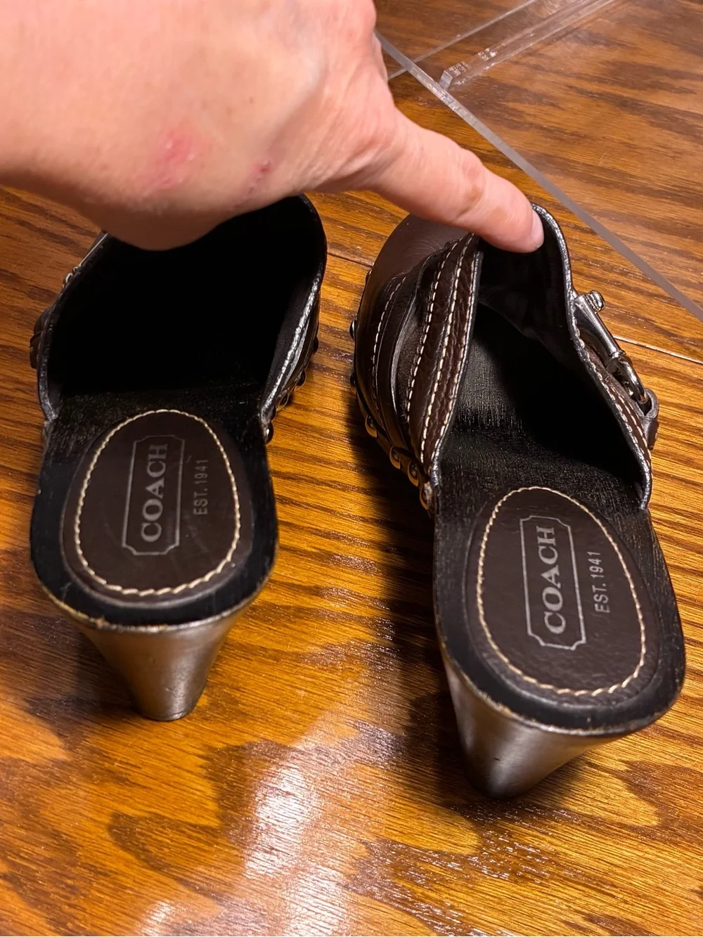 Y2K VTG Coach Horsebit Stud Wooden Heel Clogs Brown Leather Size 6
